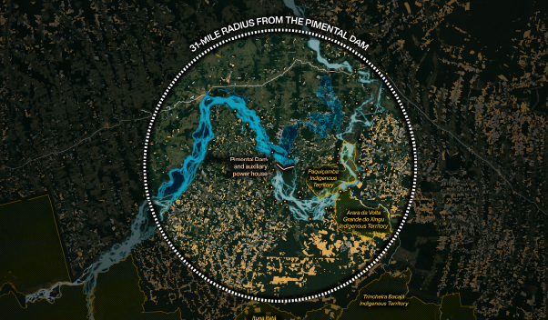Map showing areas at risk around the Pimental dam, in Volta Grande do Xingu