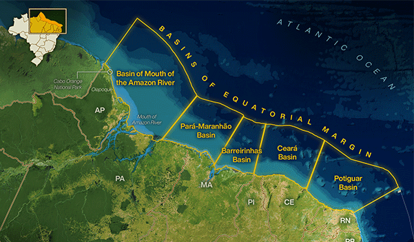 Animation showing different thematic maps, all showing the same region of the northern coast of Brazil, with the Foz do Amazonas region highlighted. These maps show effects on biodiversity, indigenous lands and more.