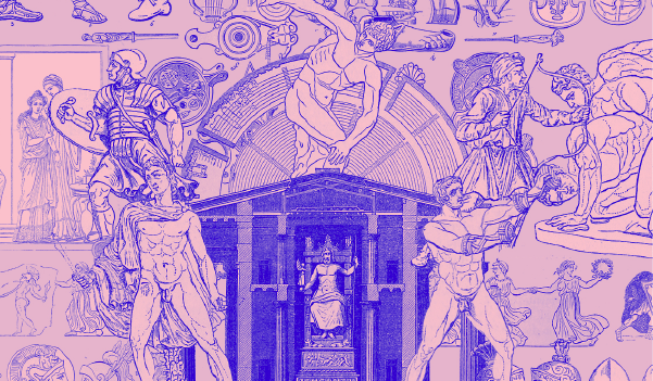 Digital collage of etchings and greek illustrations from public domain publications, via Internet Archive