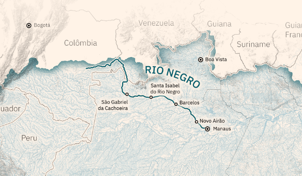 A map of the Amazon river basin highlighting the Negro River