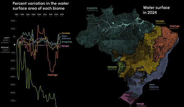 An animated GIF showing four images. Each of them consists of a map of Brazil, on the right, and some chart, on the left. The GIF cycles between maps and charts showing where forest fires occur in Brazil, how much water lies in each river basin in the country, where land has shifted from forest cover to pasture and more.