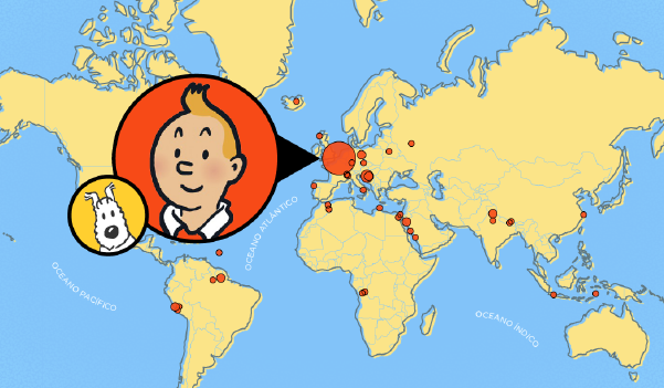 World map in mercator projection with the faces of Tintin and Snowy