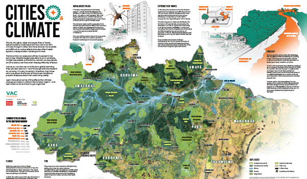 Animated GIF showing pictures of the printed infographic. One side is a large page filled with a big map of the Amazon on the center, on the borders are illustrations of scenes from the Amazon forest. The other side is comprised of text explaining the project.